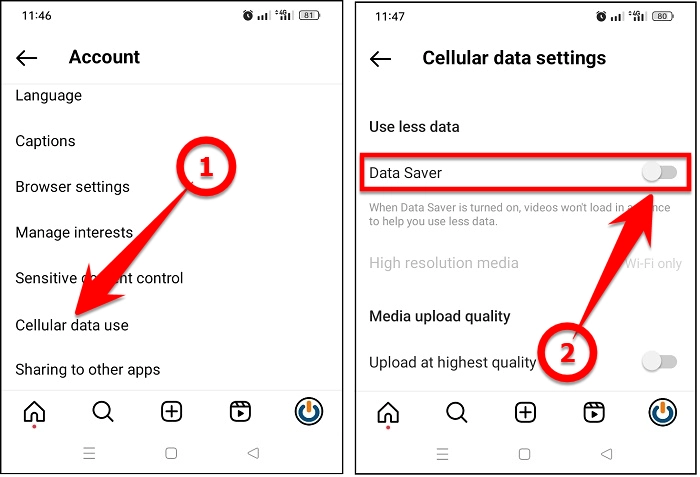 Disable data saver in Instagram settings