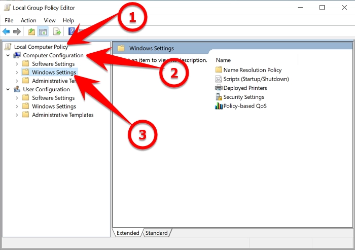 Navigate to Windows Settings in group policy editor
