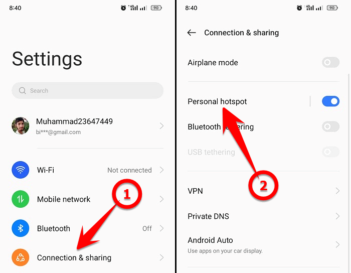 Go to Personal Hotspot in Android Settings app