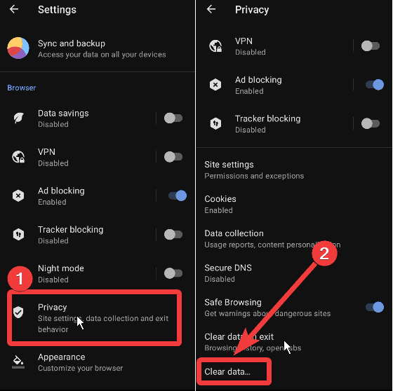 Navigate to clear data settings