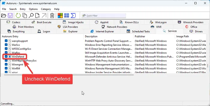 Uncheck WinDefend service to to permanently disable windows defender