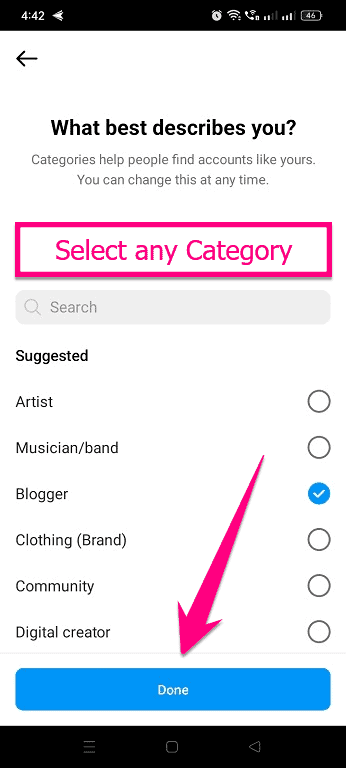 select suitable category and click Done