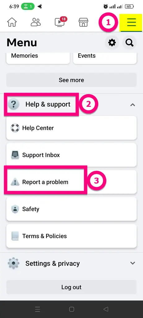 Tap Report a problem in help and Support