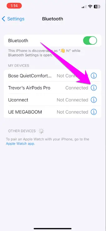 Tap on info icon next to connected AirPods